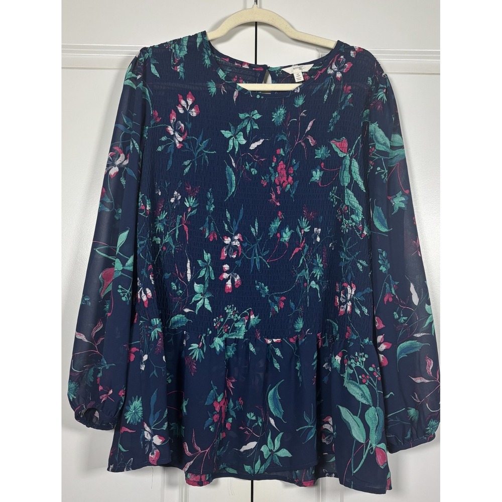 Terra & Sky Womens Smocked Blouse Top Blue Balloon Sleeve Floral Peasant 14W